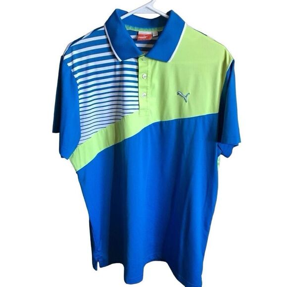 Puma Men's Short Sleeve Golf Polo Shirt size L blue yellow athletic - Picture 1 of 4